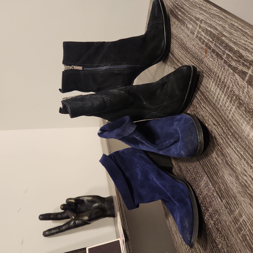 Blue suede Aldo bootie and black suede Carlos Santana boor